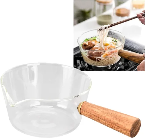 Vista 3 de Sartén para leche, olla de leche de vidrio con mango de madera antiadherente, con boquilla en forma de V, cacerola para cocinar, accesorios