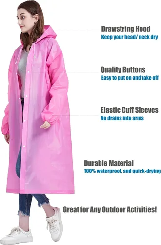 Vista 10 de Rain Ponchos for Adults, Reusable Raincoats for Women and Men - Packable Rain Jackets with Drawstring Hood