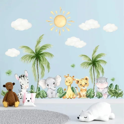 Vista 3 de Calcomanías de pared de animales de safari, despegar y pegar, decoración de guardería de safari, decoración de animales de zoológico, acuarela