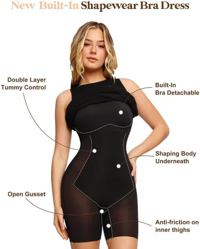 Vista 2 de Popilush Crew Neck Shaper Dress Built-in Shapewear Bra 9 in 1 Sleeveless Casual Summer Midi Bodycon Dress with Zipper