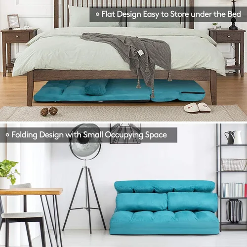 Vista 6 de S AFSTAR Safstar Sofá plegable y futón de suelo, sofá cama de tela de 6 posiciones con 2 almohadas y relleno de esponja, sofá perezoso ajustable Azul
