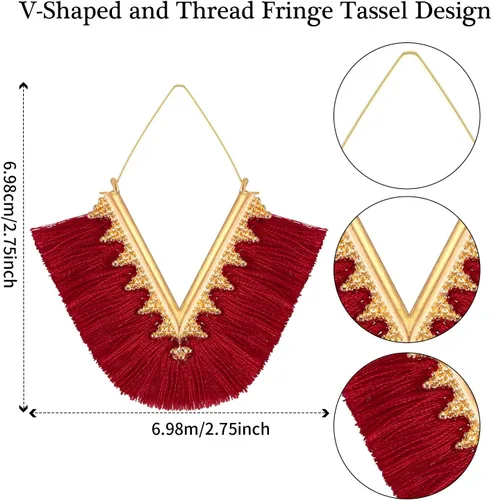 Vista 2 de 12 pares de aretes de borla de aro bohemios geométricos hechos a mano para mujer