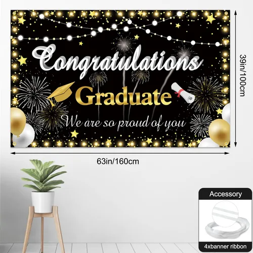 Vista 2 de Congrats Grad Banner 2024 – Telón de fondo negro dorado para decoraciones de graduación de clase 2024 y fondo de fotografía