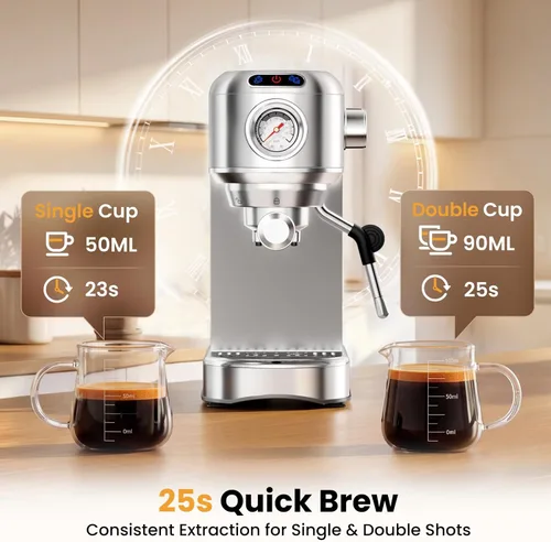 Vista 8 de Máquina de café espresso de 20 bares, cafetera compacta con espumador de leche, cafetera de acero inoxidable con tanque de agua extraíble de 34