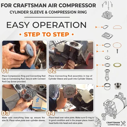 Vista 3 de K-0650 Air Compressor Cylinder Sleeve & Compression Ring Kit For Craftsman