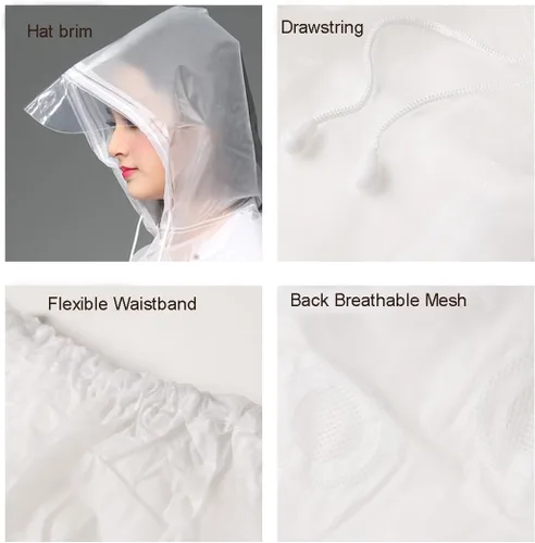 Vista 5 de Freesmily Chubasquero reutilizable transparente para mujeres y hombres, impermeable, traje de lluvia, conjunto de pantalones con capucha