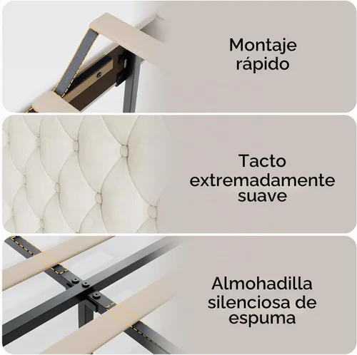 Vista 8 de Base de cama Queen con cabecera capitoné con botones, base de cama tapizada tamaño Queen con luces LED, estación de carga, almacenamiento