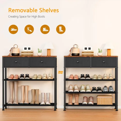 Vista 5 de usikey Zapatero, organizador de almacenamiento de zapatos de 4 niveles con 2 cajones, estante de zapatos de metal para 9-12 pares de zapatos, con 3