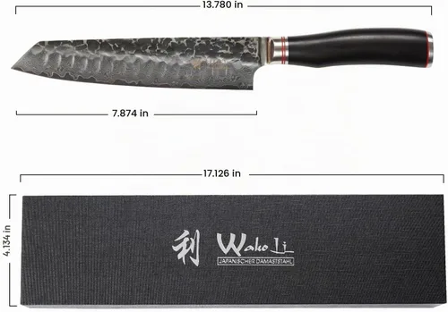 Vista 7 de Wakoli EBO BBQ Kiritsuke Cuchillo VG10 Damasco, mango de roble oscuro