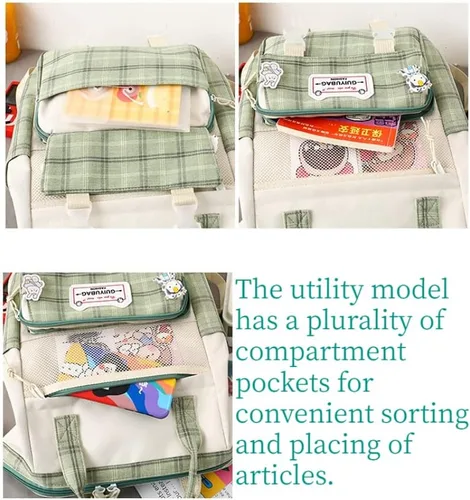 Vista 8 de Mochila japonesa linda para mujer, 5 unidades, diseño a cuadros, diseño de dibujos animados, bolsa de viaje, suministros de regreso a clases, bolsa