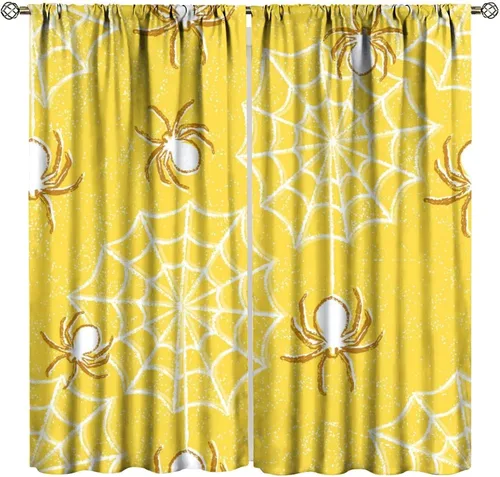 Vista 46 de Cortinas opacas de tela de araña aterradora para niños, tela de araña en blanco y negro, fondo rojo, dormitorio de niños, guardería, decoración