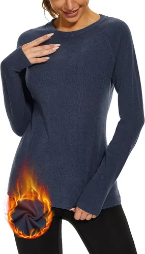 Vista 16 de WOWENY Camisas térmicas para mujer, forro polar, manga larga, capa base, parte superior de invierno Azul bebé