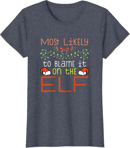Vista 15 de Camiseta de Navidad familiar a juego con la frase "Most Likely To Blame It On The Elf" Negro