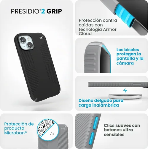 Vista 3 de Speck Presidio2 Grip - Funda para iPhone 15 de 6.1 pulgadas, compatible con iPhone 14 y 13, color negro, gris pizarra, blanco