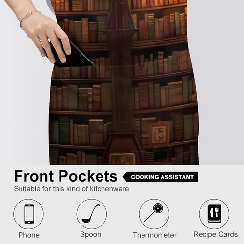 Vista 5 de Personalized Book Room Library Adult Apron, Kitchen Cooking Aprons for Woman Man, Adjustable Bib Apron with Pocket for Baking, BBQ Crafting