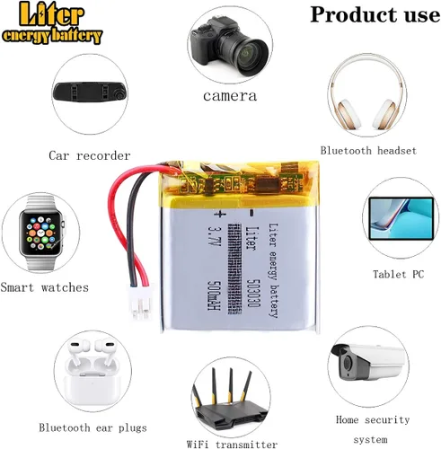 Vista 5 de Liter 503030 Lipo batería recargable de polímero de litio de 3,7 V 500 mAh con conector JST PH de 0.079 in