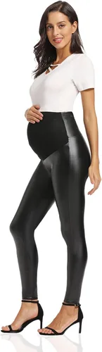 Vista 6 de Foucome Leggings de maternidad de piel sintética de cintura alta, elásticos y cómodos, mallas sobre el vientre