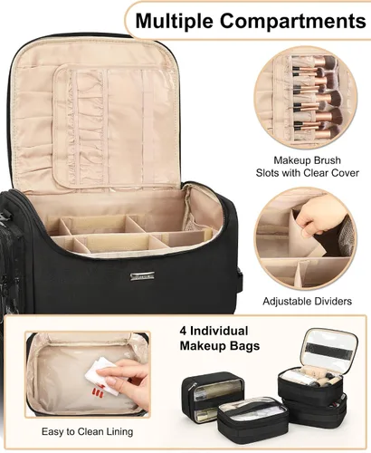 Vista 3 de Relavel Estuche de tren de maquillaje rodante, estuche de cosmetología sobre ruedas con 4 bolsas transparentes, bolsas profesionales para Negro