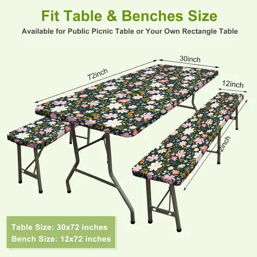 Vista 3 de ICOSY Mantel de picnic con fundas de banco de 30 x 72 pulgadas, resistente al viento, mantel rectangular ajustable para mesas de 6 pies, accesorios