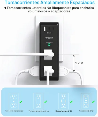 Vista 6 de Extensor de salida con protector de sobretensiones con enchufe giratorio, 6 tomas de corriente alterna con 3 puertos USB (2 USB C), cargador