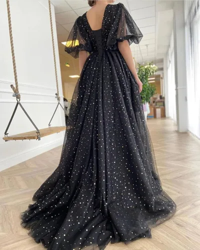 Vista 2 de Clothfun Vestidos de fiesta de tul estrellado brillante para mujer, manga abombada, vestidos largos de noche formales de talla grande con abertura