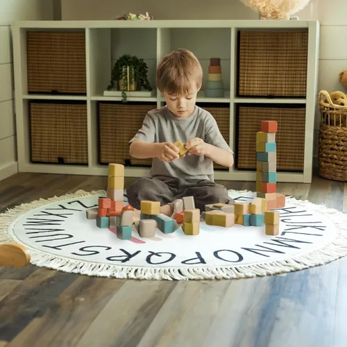 Vista 2 de ABC Lovely - Alfombra bohemia con diseño de arco iris, alfombra redonda de 4 pies para sala de juegos de niños pequeños, alfombra redonda para aula