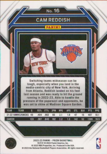 Vista 2 de 2022-23 Panini Prizm #16 Cam Reddish New York Knicks NBA Basketball Trading Card