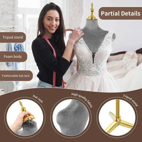Vista 2 de Soporte de trípode de maniquí femenino de terciopelo gris,Maniqui ajustable en altura para cuerda,Maniquí de forma de vestido y exhibición