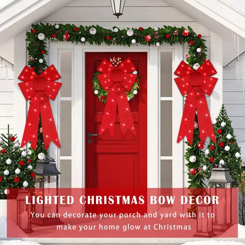 Vista 3 de Liliful 3 lazos de Navidad grandes de 18 x 10 pulgadas con luz roja para corona y remate de árbol, adornos gigantes iluminados para remate de árbol