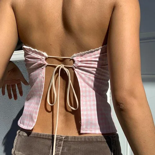 Vista 2 de Camiseta sin mangas Y2K para mujer, con tirantes delgados, ribete de encaje, a cuadros, floral, sin mangas, ombliguera estética de hadas