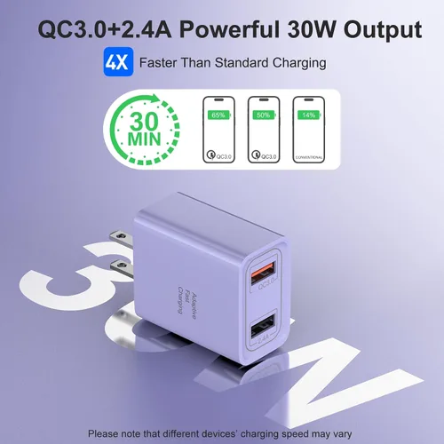 Vista 3 de [Paquete de 4] Cargador de pared USB-C, adaptador de corriente QC 3.0 de doble puerto de 30 W, bloque de carga rápida de doble enchufe compatible