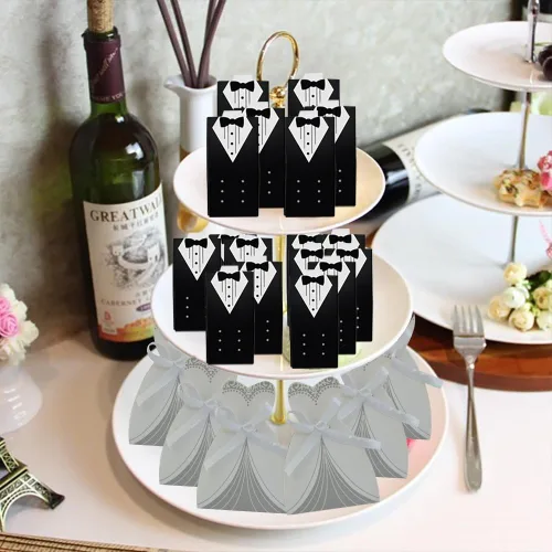 Vista 4 de cnomg 100 piezas de vestido de recuerdo de boda y esmoquin novia y caja de dulces al por mayor, caja de regalo creativa para vestido con lazo