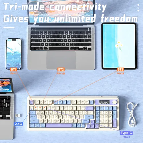 Vista 3 de AULA Teclado para juegos S99 Pro, bonito teclado cremoso con pantalla inteligente con teclado numérico, teclados de computadora Bluetooth