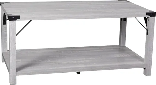Vista 3 de BizChair Modern Farmhouse - Mesa auxiliar de 2 niveles, marco de madera de ingeniería gris Aspen, soportes laterales entrecruzados de metal negro