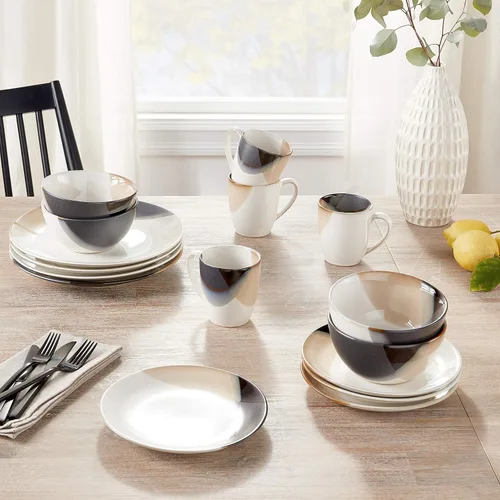 Vista 2 de Mikasa Gourmet Basics Caden - Juego de vajilla de cerámica de 16 piezas, servicio para 4, centro blanco brillante con esmalte reactivo de dos tonos