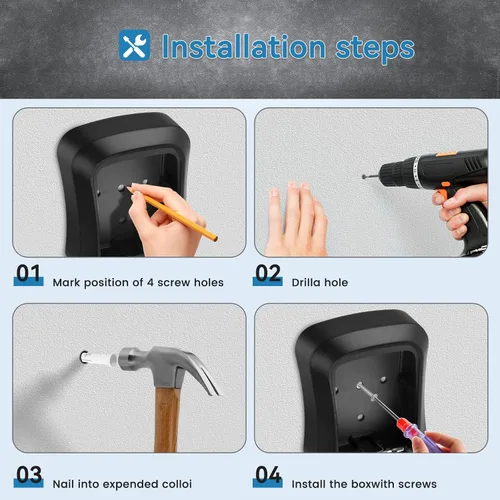 Vista 4 de Caja de bloqueo de llave de pared resistente a la intemperie con combinación de 4 dígitos y seguridad antirrobo, gran capacidad