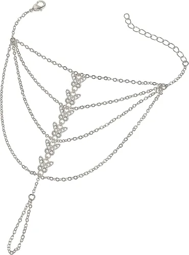 Vista 22 de Suyi Pulsera de anillo de dedo, arnés de mano, pulsera de cadena de diamantes de imitación, regalos para mujeres 2 piezas oro