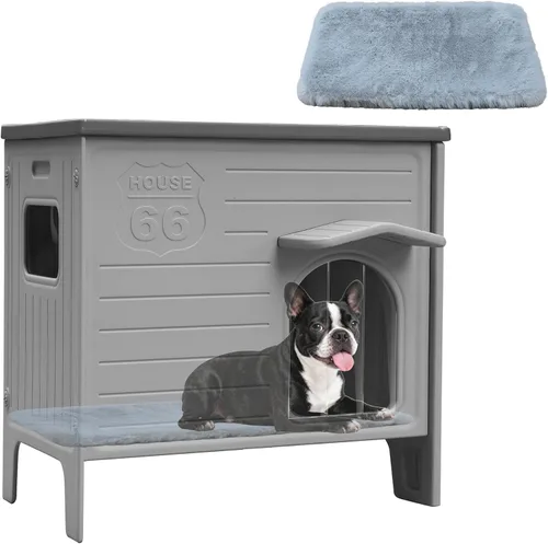 Vista 6 de Casa de perro duradera impermeable de plástico para interiores y exteriores, casa de perro exterior con ventana lateral y piso elevado, fácil