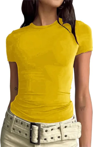 Vista 2 de Camisetas cortas básicas para mujer, estilo casual, para salir, a la moda, ajustadas, de manga corta, ajustadas, para adolescentes, niñas, lindas