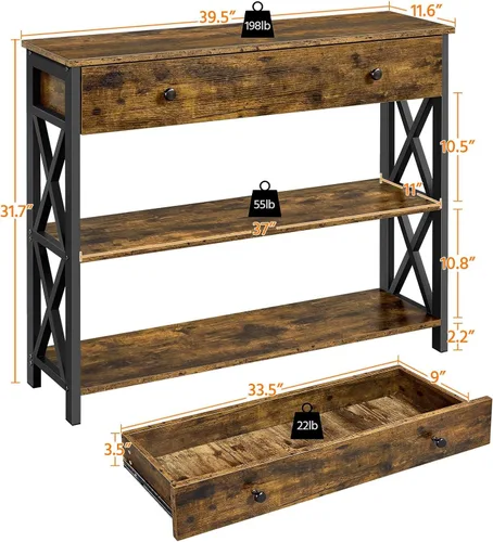 Vista 3 de Yaheetech Mesa consola con cajón, mesa de sofá con estantes de almacenamiento, mesas de entrada de 39.5 pulgadas con marco de metal, para sala