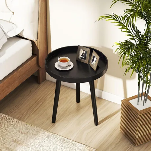 Vista 7 de Giantex Mesa auxiliar redonda, mesa auxiliar moderna de mediados de siglo con bandeja de madera y patas de bambú, mesa de centro pequeña para sala