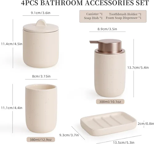 Vista 2 de BosilunLife Juego de accesorios de baño de albaricoque, juego de accesorios de baño de cerámica, dispensador completo de jabón espumoso y soporte