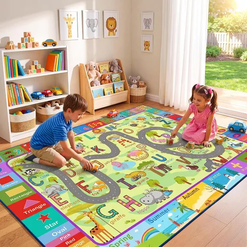Vista 15 de ST. BRIDGE Alfombra Educativa para Niños para Sala de Juegos 3x5 Pies, Alfombra de Juego Antideslizante con Alfabeto ABC, Números y Animales