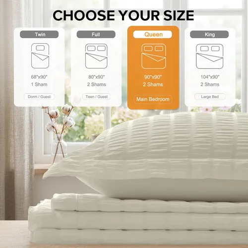 Vista 3 de Cozyide Beige Queen Duvet Cover Set, 3 Pieces Soft Seersucker Queen Size Duvet Cover with Zipper Closure and Corner Ties, 90"x90" Duvet Cover with 2