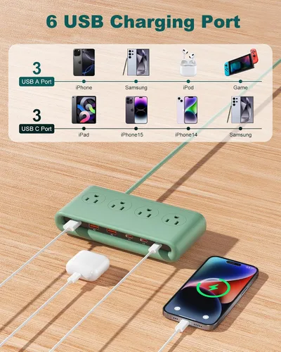 Vista 6 de Regleta de alimentación de enchufe plano 10 en 1 con USB C, estación de carga rápida PD20W con 4 salidas y 6 puertos USB