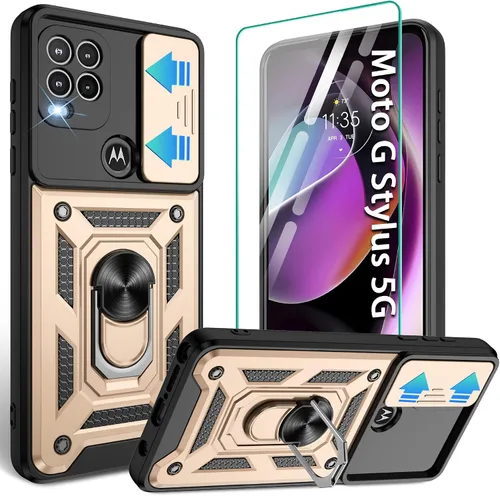 Vista 17 de Gritup Funda para Moto G Stylus 5G-2021 con cubierta deslizante para cámara 1 paquete de protectores de pantalla HD Soporte de metal giratorio