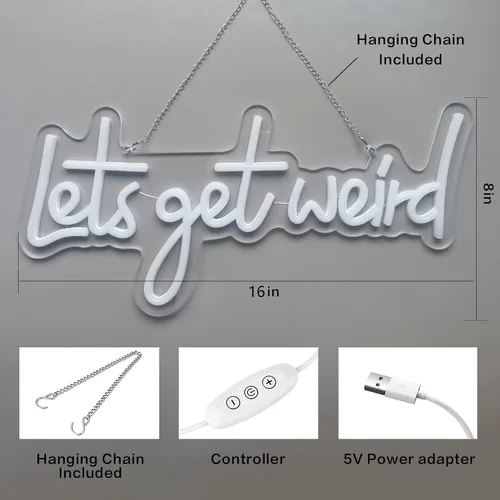 Vista 6 de Let's Get Weird - Letrero de neón blanco con puerto de carga USB e interruptor regulable, lámparas de noche colgantes de neón para decoración