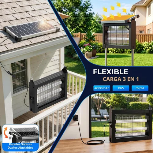 Vista 3 de Exterminador solar de insectos al aire libre, matamosquitos de 4500 V con Asesino de mosquitos eléctrico solar y USB de 10 W, modo automático, 3