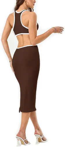Vista 3 de Vestido ajustado sexy para mujer, cintura recortada, espalda abierta, longitud hasta el tobillo, acanalado, fiesta, club, mini vestidos midi