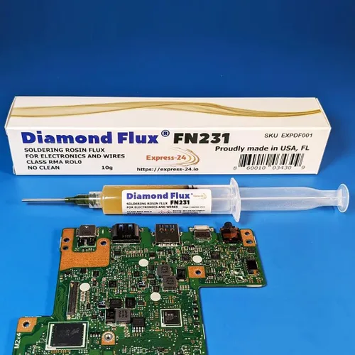 Vista 4 de FN231 Flujo de soldadura para electrónica NoClean Pasta Gel RMA ROL0 en jeringa de 0.35 oz para reparación y soldadura de placas de circuito impreso.